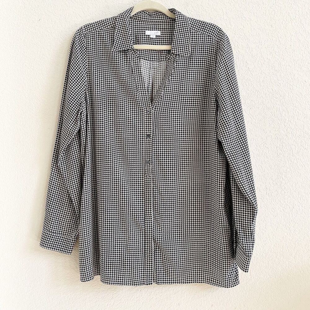J. Jill Houndstooth Button Up Blouse Size M Black White Long Sleeves Tunic